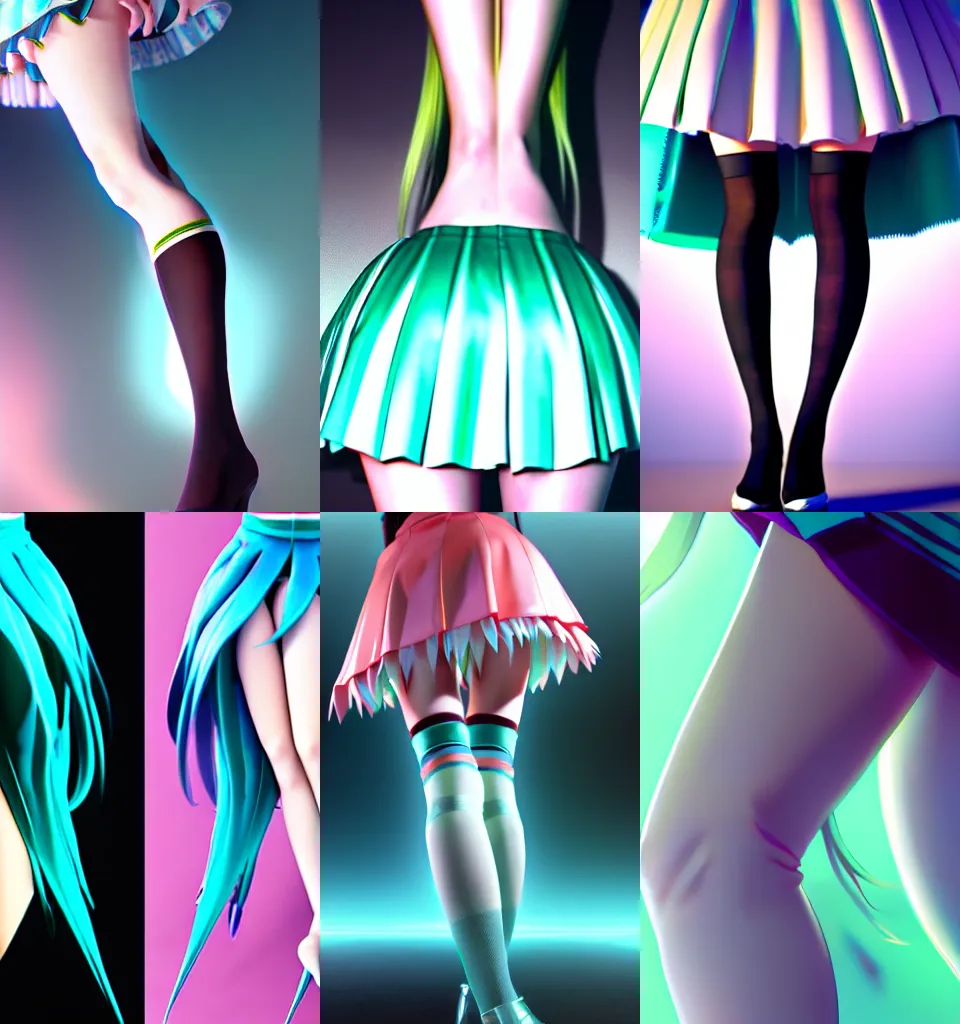 Prompt: Hatsune Miku skirt and thigh-highs close up, zettai ryouiki, bottom shot, artstation, fine details, kyoani, high resolution, 4k, digital painting by WLOP, octane render, photorealistic, composition, ultra realistic
