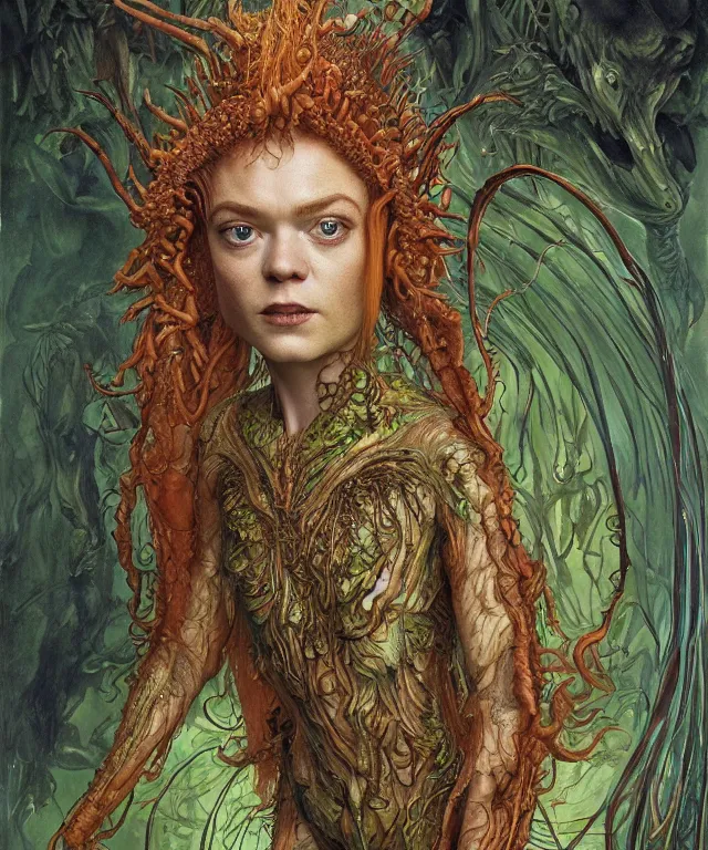 Prompt: portrait photograph of a fierce sadie sink as an alien harpy queen with slimy amphibian skin. she is trying on bulbous slimy organic membrane fetish fashion and transforming into a fiery succubus amphibian villian medusa mantis. by donato giancola, walton ford, ernst haeckel, brian froud, hr giger. 8 k, cgsociety