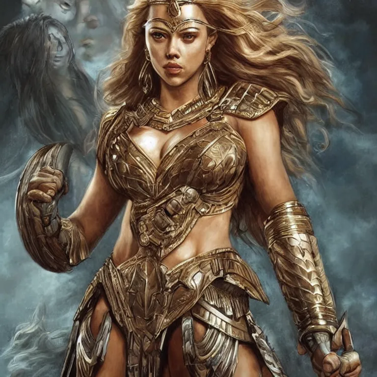 Image similar to scarlett johannson as an amazon warrior, a tall beautiful woman with brown skin and long hair, dressed in hellenistic body armor, intricate, elegant, highly detailed, smooth, sharp focus, detailed face, art by ardian syaf