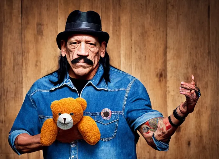 Image similar to photo still of danny trejo at the county fair!!!!!!!! at age 5 6 years old 5 6 years of age!!!!!!!! holding a teddy bear he won, 8 k, 8 5 mm f 1. 8, studio lighting, rim light, right side key light
