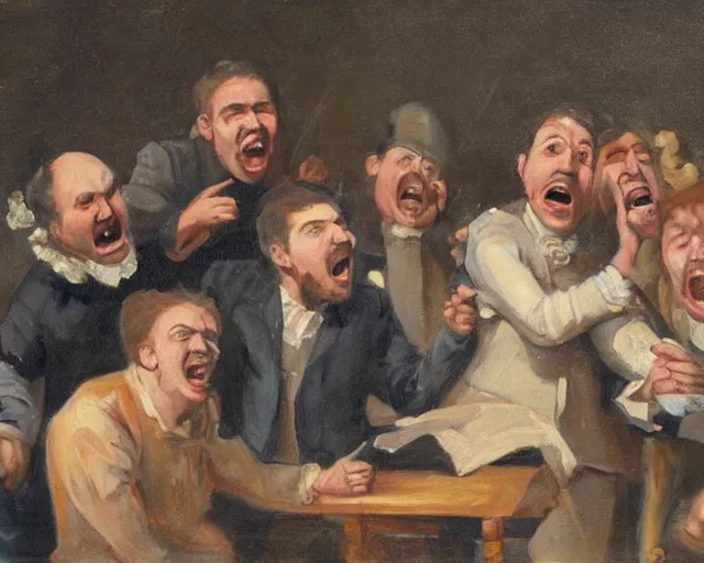 Image similar to a painting of group of stupid people yelling at each other