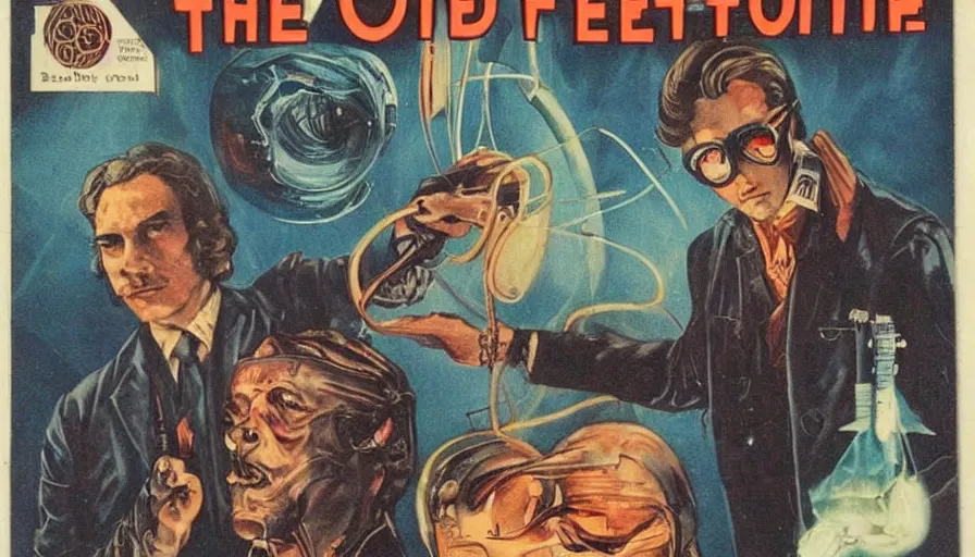 Image similar to science fiction, retro, occult, three occult men, highly detailed