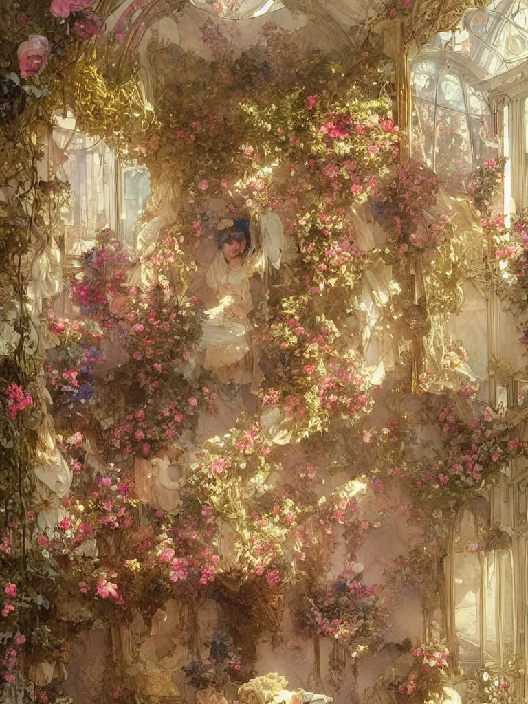 Prompt: a beautifull intricate watercolour painting of a victorian room with flowers, reflexions, verry high details by william turner art, greg rutkowski and alphonse mucha, trending on artstation, very very detailed, masterpiece, golden hour lighting, wide lens,