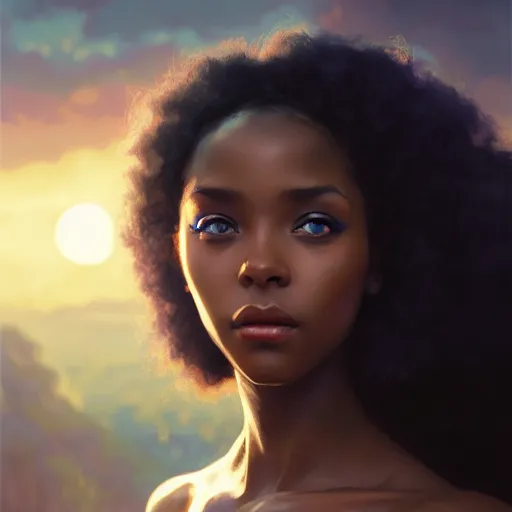 Prompt: a Photorealistic dramatic hyperrealistic bright blue eyes, African American elegant girl, black hair, white veil,by WLOP,Artgerm,Greg Rutkowski,Alphonse Mucha, Dang My Linh, Beautiful dynamic dramatic bright sunset lighting,shadows,cinematic atmosphere,Artstation,concept design art,Octane render,8k