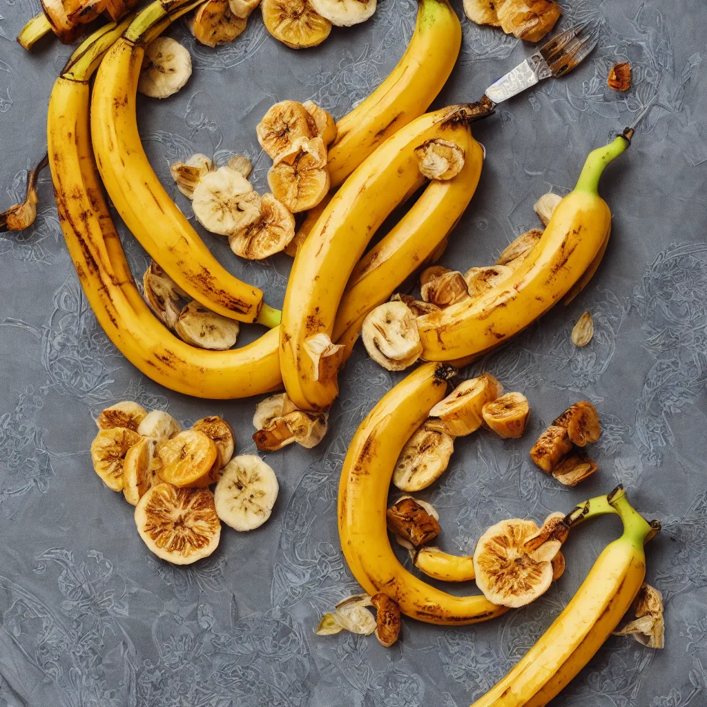 Image similar to very long roasted bananas with cut orange slices, on art nouveau embroidered designer plate with flowery pattern closeup, hyper real, food photography, high quality