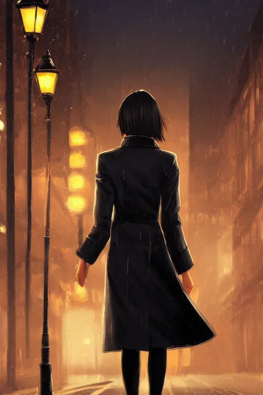 Image similar to highly detailed close-up of a beautiful girl with a very stylish trenchcoat on an empty street at night by Ilya Kuvshinov, black medium length Dutch bob cut hair with straight bangs, heavy rain and mist, streetlights, rich cinematic atmosphere, poster, film noir, krenz cushart, depth of field, digital art