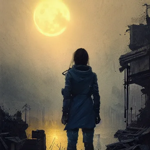 Prompt: A portrait of a blue eye girl, ruins of a destroyed city and a yellow-red full moon on background, techwear, dark, rainy atmosphere, natural volumetric light, intricate, highly detailed, digital painting, concept art, sharp focus, illustration, art by greg rutkowski, matte painting, trending on artstation