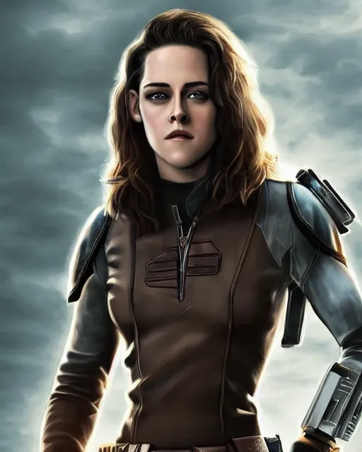 Image similar to kristen stewart portraying a beautiful jaina solo from star wars legends, beautiful kristen stewart jaina solo, without lightsaber, movie, hyper realistic, hollywood promotional image, imax, 8 k