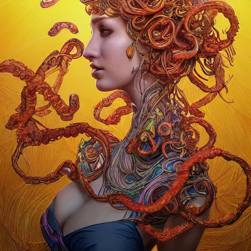 Image similar to the portrait of a ridiculously beautiful and elegant woman partially made of onion rings of all colors, an ultrafine detailed illustration by james jean, final fantasy, intricate linework, bright colors, behance contest winner, vanitas, angular, altermodern, unreal engine 5 highly rendered, global illumination, radiant light, detailed and intricate environment