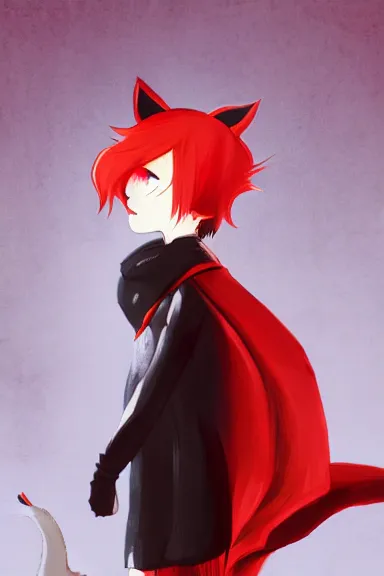 Image similar to little boy with cat ears in an big black outfit with red cape. digital artwork made by lois van baarle and kentaro miura, sharpness focus, inspired by hirohiko araki, anatomically correct, heroic composition, hero pose, smooth, noir