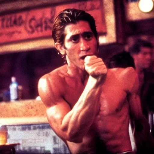 Image similar to cinestill of Jake Gyllenhaal as Patrick Swayze fighting men in a bar in the movie Road house