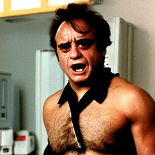 Prompt: a screenshot of Danny Devito playing The Terminator (1980s)