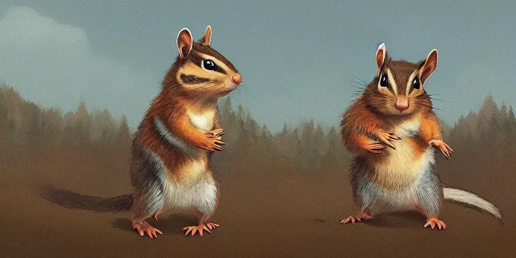 Prompt: A chipmunk with feathers. Detailed digital matte painting in the style of simon stalenhag