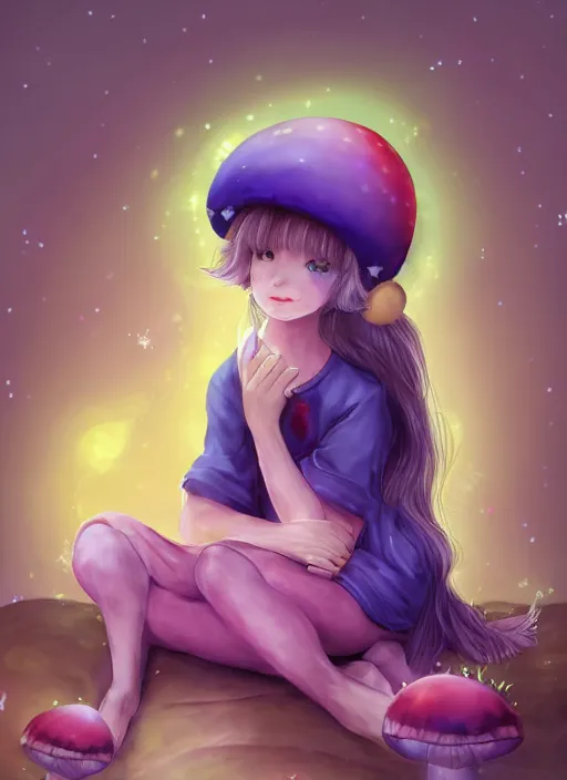 Image similar to a beautiful little girl wearing a mushroom hat sitting in her room petting a frog in her lap | | purple hair, pretty face, sharped details in celestial art style, trending on pixiv