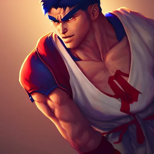 Image similar to a portrait of an american ryu from street fighter 2, art by lois van baarle and loish and ross tran and rossdraws and sam yang and samdoesarts and artgerm, digital art, highly detailed, intricate, sharp focus, trending on artstation hq, deviantart, unreal engine 5, 4 k uhd image