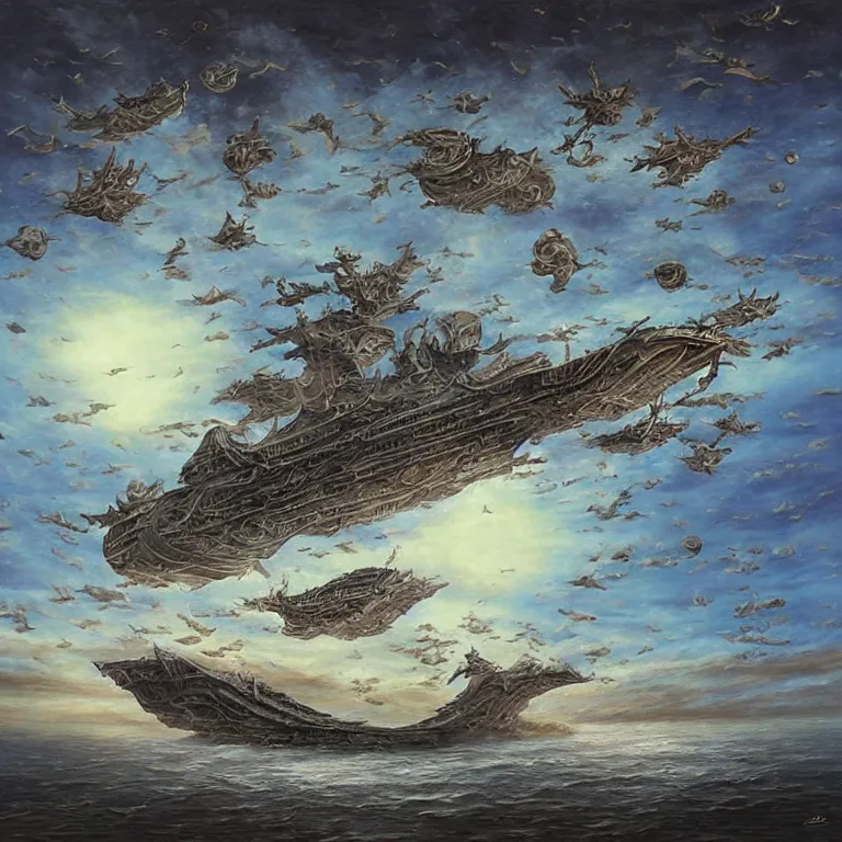 Image similar to flying ship by tomek setowski, surreal oil painting, dream like, highly detailed, symmetry, masterpiece