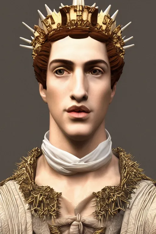 Image similar to a realistic porcelain full-head baroque style bust of handsome young Spanish brunette prince with a spiky hair and a crown made of colored pipecleaners, suspended in outer space, photorealism, octane render, depth of field, 8k, 35mm, artgem, Trending on artstation