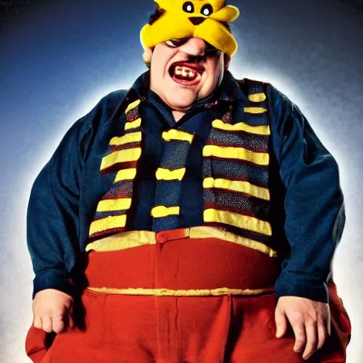 Image similar to live-action-Wario-hollywood movie casting, played by Chris Farley, posing for poster photography