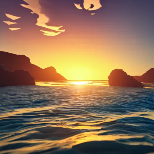 Image similar to 3d low polygon ocean scene with stunning sunset. 8k resolution. raytracing. trending on artstation.