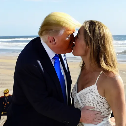 Prompt: Putin making out with trump on the beach