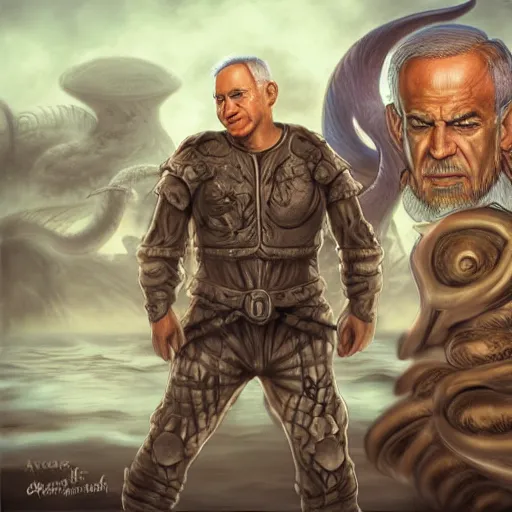 Prompt: benjamin netanyahu standing before the kraken ready to fight, highly detailed, by artgerm