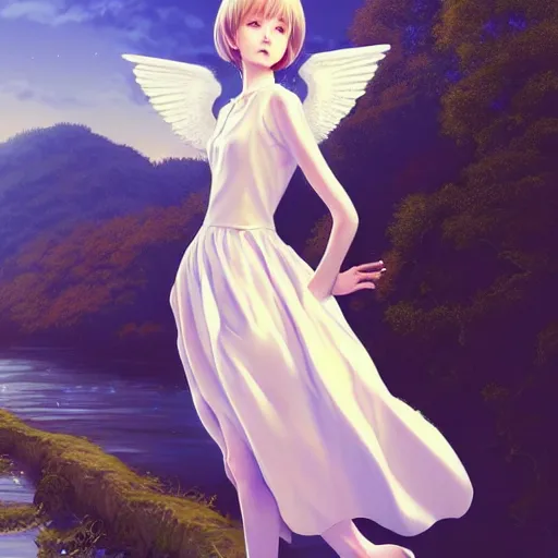 Image similar to infinitely detailed full - body portrait pale female peaceful dream angel wearing elegant clothes. beautiful! scenery art! by wlop & murata range, by ilya kuvshinov. artstation!! / pixiv!!