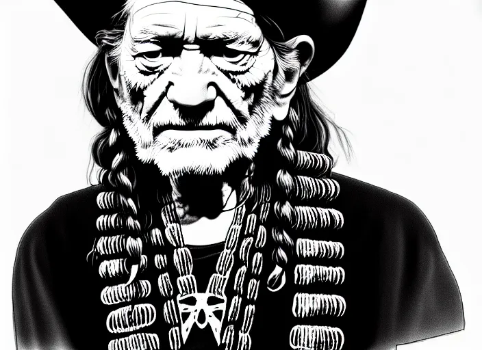 Prompt: an extremely detailed masterpiece grunge drawing of willie nelson, in the style of richard avedon, after life, loony toons style, horror themed, detailed, elegant, intricate, trending on artstation, 4 k