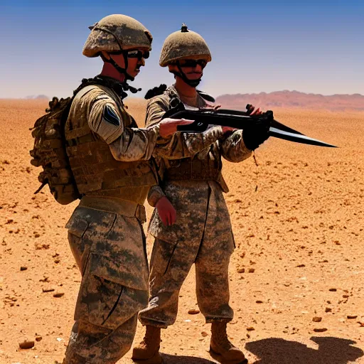 Image similar to two soldiers are combing the desert using a large comb, high definition, beautiful award winning photography, 8 k.