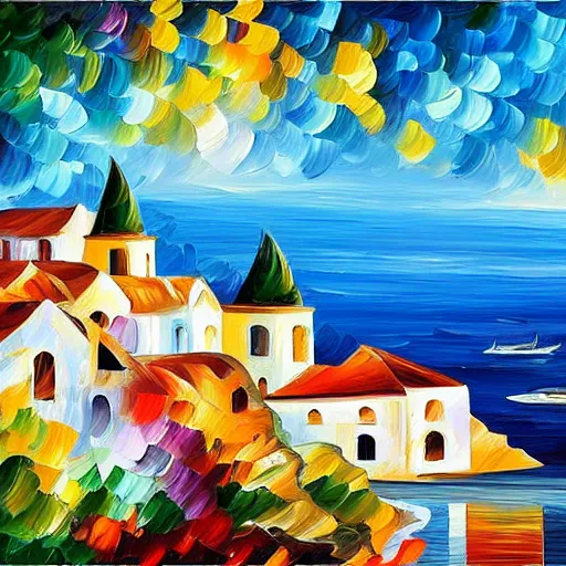 Image similar to beautiful seaside greek village in the style of leonid afremov