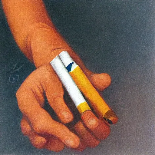 Prompt: Close-up of hand holding cigarette, oil art