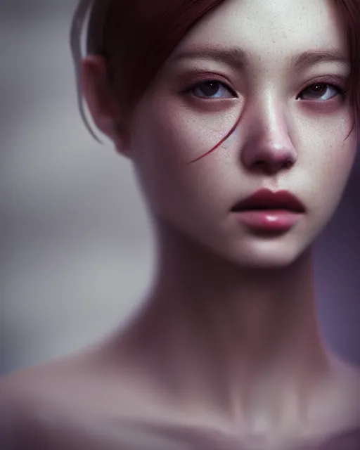 Image similar to photo half body portrait of woman in her 2 0 s, realism, extreme detail, real life skin, key art, soft light, volumetric light, 3 - d shadows, photo by ross tran, photoshoot