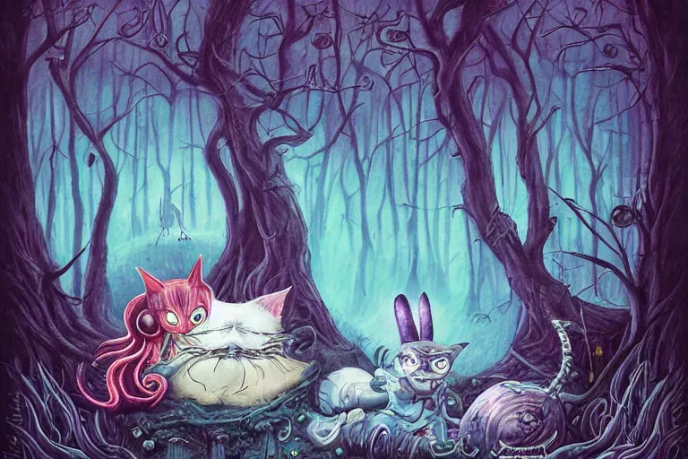 Prompt: Alice meets the Cheshire Cat in the forest, biomechanoid, sci-fi, dramatic, art style Megan Duncanson and Benjamin Lacombe, super details, dark dull colors, ornate background, mysterious, eerie, sinister