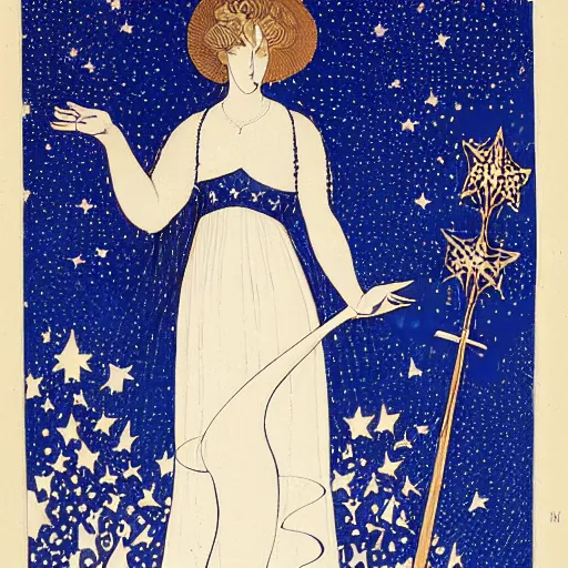 Image similar to The computer art features a woman with wings made of stars, surrounded by a blue and white night sky. The woman is holding a staff in one hand, and a star in the other. She is wearing a billowing white dress, and her hair is blowing in the wind. burnt orange, Aztec by Aubrey Beardsley, by Horace Vernet