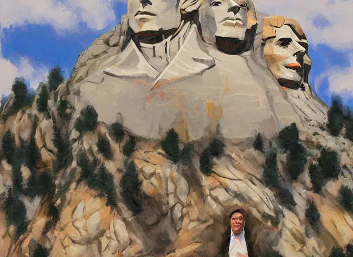 Prompt: a highly detailed beautiful portrait of mount rushmore with the face of steve buscemi, by gregory manchess, james gurney, james jean