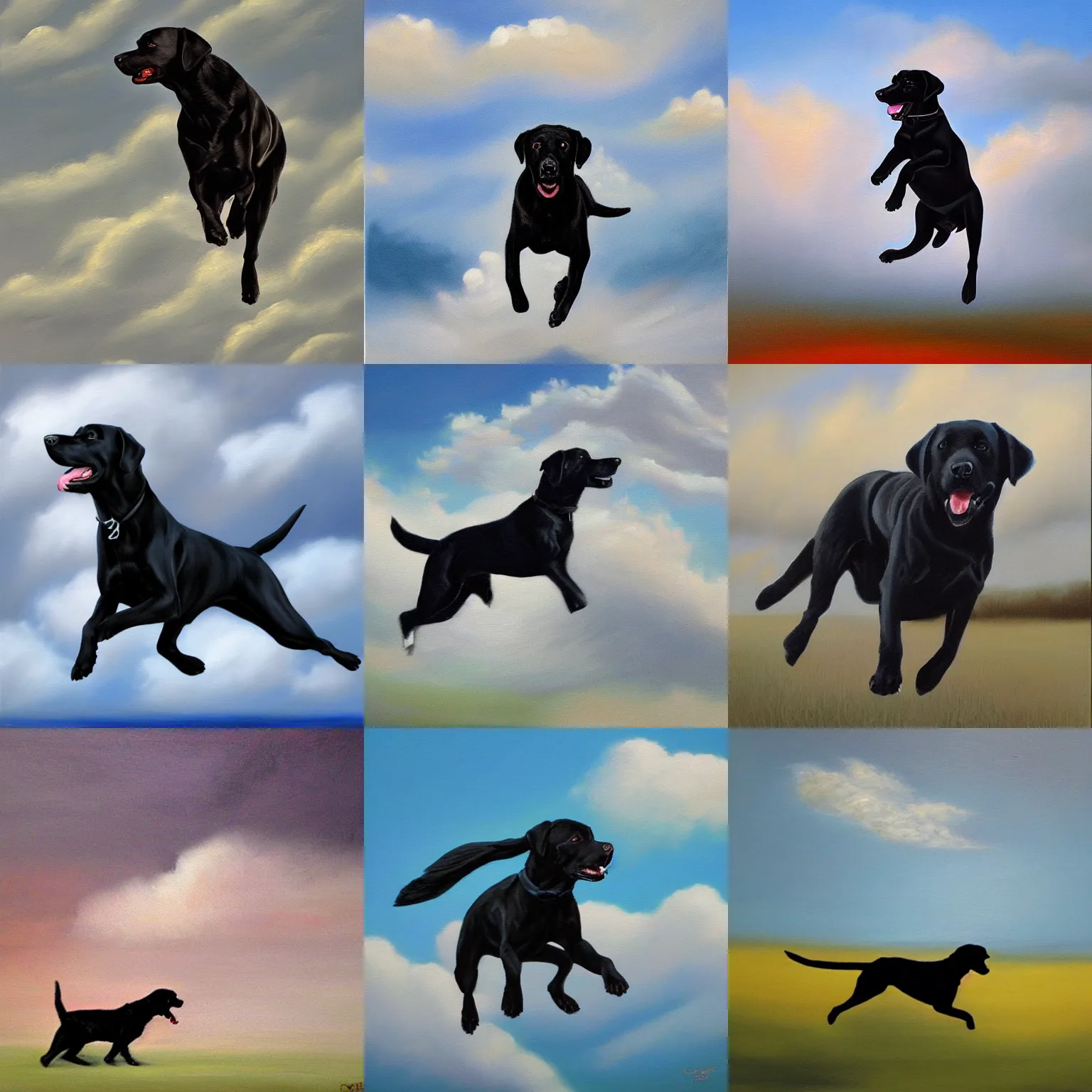 Prompt: A black Labrador Retriever prancing through the clouds, oil painting