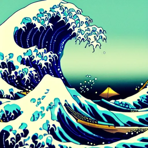 Prompt: cyberpunk great wave off kanagawa, matte, shiny waves, refractions, soft light, neon, studio ghibli