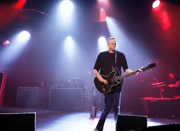 Image similar to publicity photo still of tom hanks on tour with limp bizkit playing live on stage, 8 k, live concert lighting, mid shot