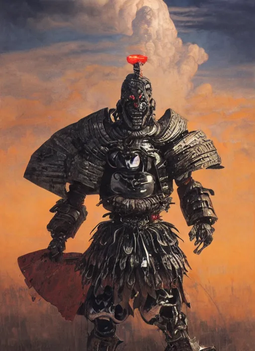 Image similar to portrait of a diabolical cyborg clown samurai, torn cape, adaptive armor, dynamic pose, heavy eyes to the side, ancient ruins, glowing veins subsurface scattering, in clouds, sunset, portrait, by gerald brom, by mikhail vrubel, by peter elson, muted colors, extreme detail, reflections, trending on artstation, 8 k