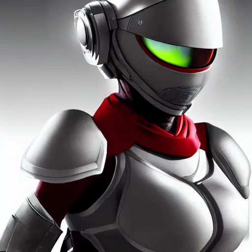 Image similar to portrait of a beautiful female soldier, no makeup, in glossy sleek white armor inspired by samus aran and a long red cape, head tilted back, determined expression, no helmet, on the surface of mars, cinematic, sci-fi, hyperrealistic, detailed