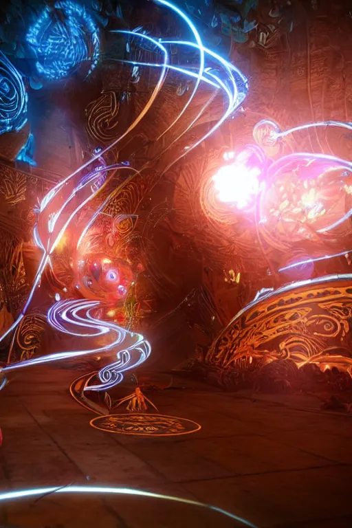 Image similar to thin swirling tribal light streaks and ornate flowing light streams and smooth particle effects, unreal engine