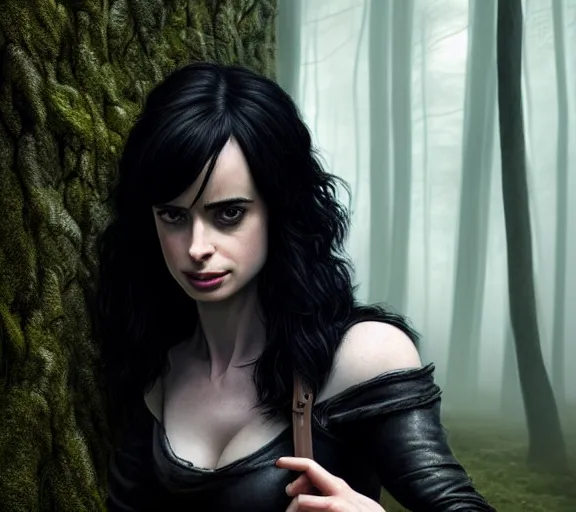 Image similar to 5 5 mm close up portrait photo of krysten ritter as yennefer of vengerberg in black leather armor and black hair, in a forest. magical atmosphere. art by greg rutkowski. lifelike. very detailed 8 k. intricate. soft light. nikon d 8 5 0.