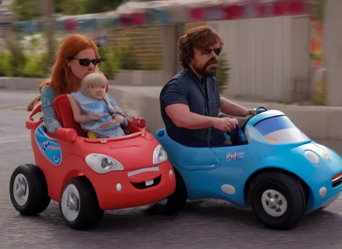 Image similar to peter dinklage and amy adams driving a little tikes cozy coupe, movie still, from the new fast and furious tokyo drift movie, 8 k, realistic