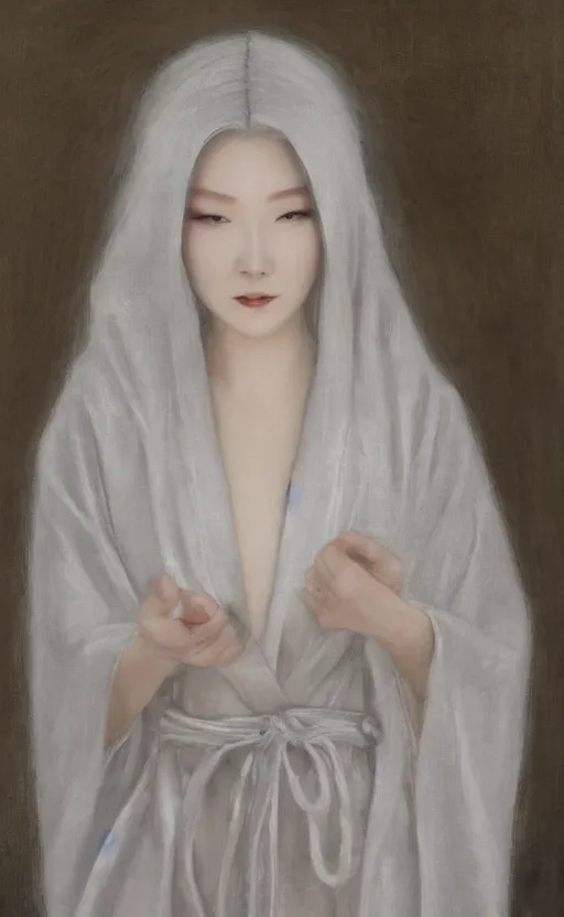 Prompt: angelic beauty with silver hair so pale and wan! and thin!?, flowing robes, covered in robes, lone pale korean goddess, wearing robes of silver, flowing, pale skin, young cute face, covered!!, clothed!! lucien levy - dhurmer, jean deville, oil on canvas, 4 k resolution, aesthetic!, mystery