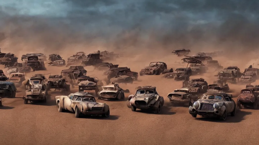 Image similar to pixar cars in mad max fury road, cartoon eyes, war boys, furiosa, explosions, imax