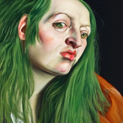 Prompt: high quality high detail painting by lucian freud, hd, green hair woman portrait, photorealistic lighting