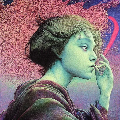 Image similar to A young Kiki from Kikis delivery service pre-raphaelite defined colours , Ivan Bilibin, Austin Osman Spare, high quality, ultra detailed. Beksinski painting, art by Takato Yamamoto. masterpiece, oil on canvas painting, pixelart, pixel sorting, datamosh, glitch. vivid acid neon colours. Futurism by beksinski carl spitzweg moebius and tuomas korpi. baroque elements. baroque element. intricate artwork by caravaggio. Oil painting. 3d rendered in octane. cinematin, pixiv, unreal5, 8k