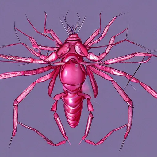 Prompt: pinkish crustacean ; where a head would be, they have a convoluted ellipsoid composed of pyramided, fleshy rings and covered in antennae. ( 1. 5 m ) numerous sets of paired appendages. they possess a pair of membranous bat - like wings, unreal engine,