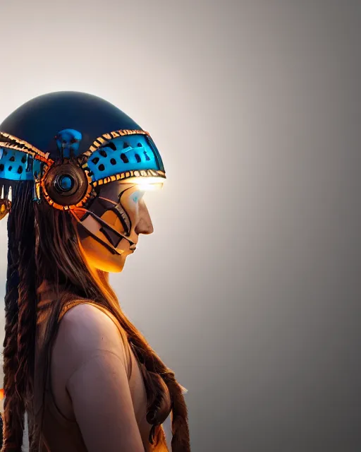 Image similar to centered medium shot fine studio photograph of a beautiful girl wearing only a mecha electronic native American indian helmet with bright led lights, ultra-realistic, white background, 8k HDR sunset lit, intricate