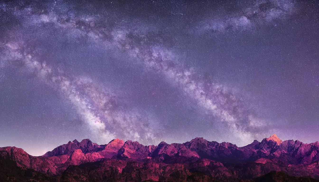 Image similar to night view of mountains and the milky way, vivid purple hues, 8k photography