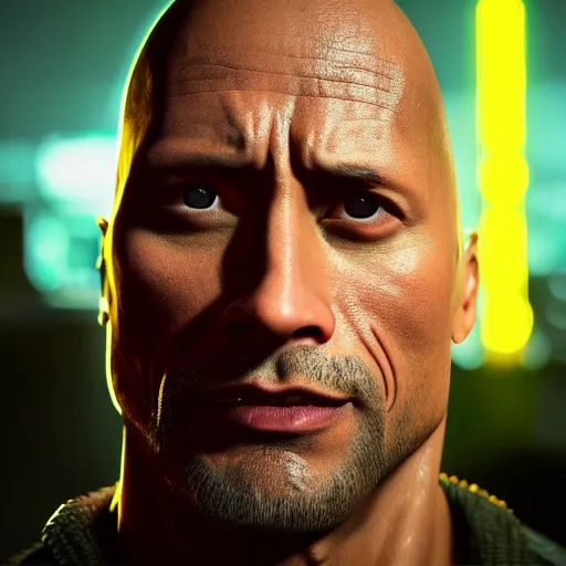 Image similar to dwayne johnson with robotic eye, cyberpunk 2 0 7 7, photorealistic, ultra detailed, neon, octane, bokeh, cinematic lighting, cyber, cyberpunk city, studio quality, feature, scars, cyberface, 8 k